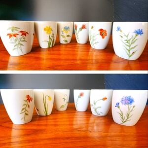 Set of 6  White Porcelain Juice Tea Cups Floral Hand Painted 3" Cottagecore EXC